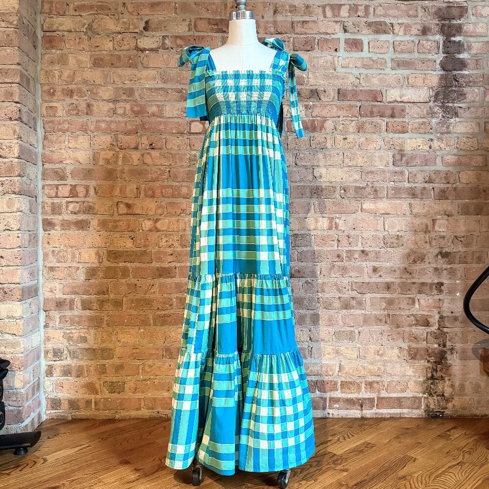 NWOT Sheridan French Kelly Smocked Maxi Dress in Blue/Green Gingham